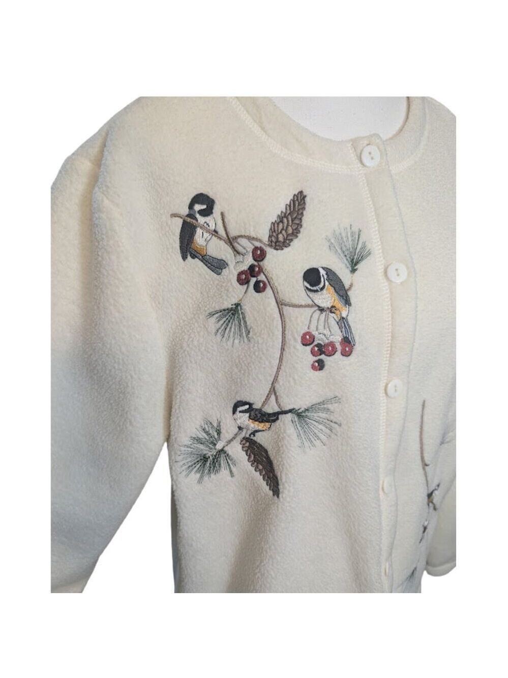 Vintage Cottagecore Blair Embroidered Bird Fleece Cardigan Woodland Fairy Cozy L